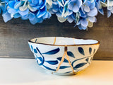 Kintsugi Bowl, Home Decor, Personalized Gifts, Gifts for Her, Wedding Gifts, Kintsugi Repaired Blue Petal Print White Bowl Gold Inlay