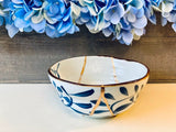 Kintsugi Bowl, Home Decor, Personalized Gifts, Gifts for Her, Wedding Gifts, Kintsugi Repaired Blue Petal Print White Bowl Gold Inlay