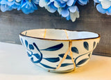 Kintsugi Bowl, Home Decor, Personalized Gifts, Gifts for Her, Wedding Gifts, Kintsugi Repaired Blue Petal Print White Bowl Gold Inlay