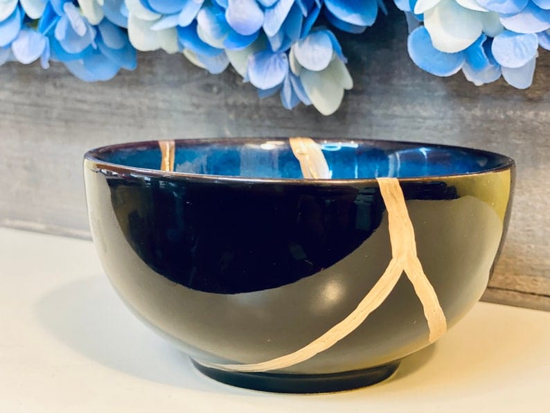 Kintsugi Bowl, Home Decor, Personalized Gifts, Home Gifts, Kintsugi Repaired Blue Stoneware Bowl Gold Inlaid
