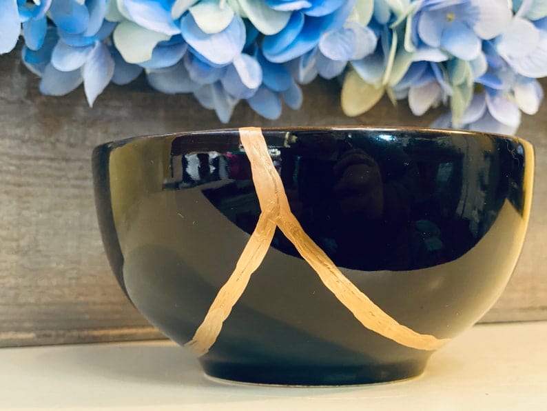 Kintsugi Bowl, Home Decor, Personalized Gifts, Home Gifts, Kintsugi Repaired Blue Stoneware Bowl Gold Inlaid