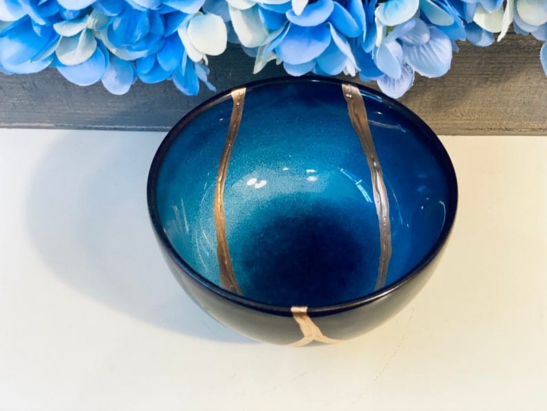Kintsugi Bowl, Home Decor, Personalized Gifts, Home Gifts, Kintsugi Repaired Blue Stoneware Bowl Gold Inlaid