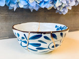 Kintsugi Bowl, Home Decor, Personalized Gifts, Gifts for Her, Wedding Gifts, Kintsugi Repaired Blue Petal Print White Bowl Gold Inlay