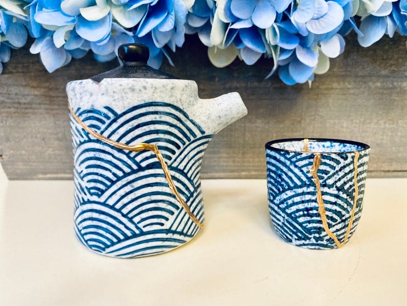Kintsugi Bowl, Home Decor, Personalized Gifts, Gifts for Her, Gifts for Him, Wedding Gifts, Kintsugi Repaired Blue Wave Tea Set