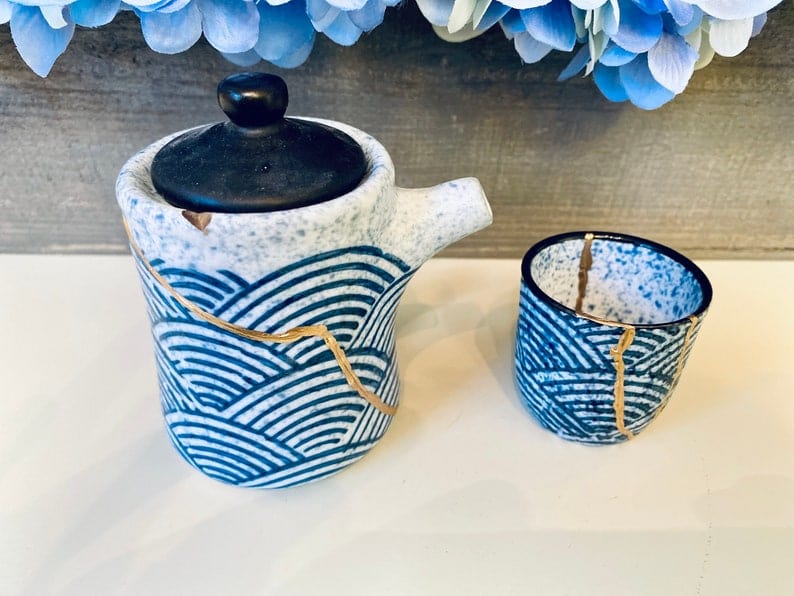 Kintsugi Bowl, Home Decor, Personalized Gifts, Gifts for Her, Gifts for Him, Wedding Gifts, Kintsugi Repaired Blue Wave Tea Set