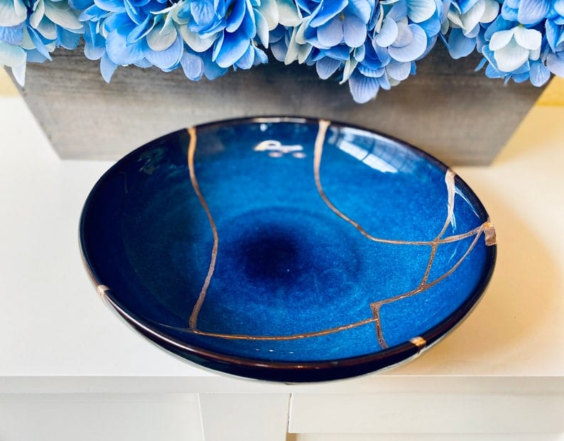 Kintsugi Bowl, Home Decor, Personalized Gifts, Gifts for Her, Wedding Gifts, Kintsugi Repaired Large Cat Eye Blue Glaze Bowl