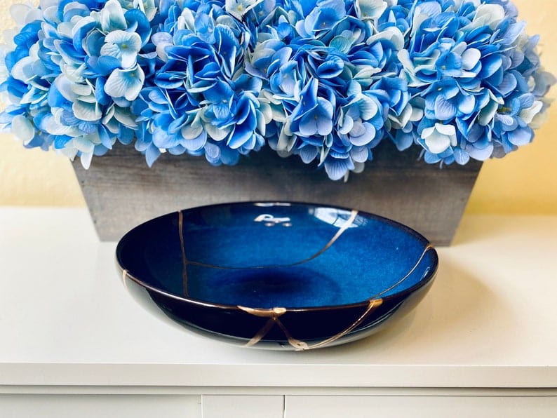 Kintsugi Bowl, Home Decor, Personalized Gifts, Gifts for Her, Wedding Gifts, Kintsugi Repaired Large Cat Eye Blue Glaze Bowl