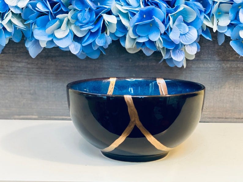 Kintsugi Bowl, Home Decor, Personalized Gifts, Home Gifts, Kintsugi Repaired Blue Stoneware Bowl Gold Inlaid