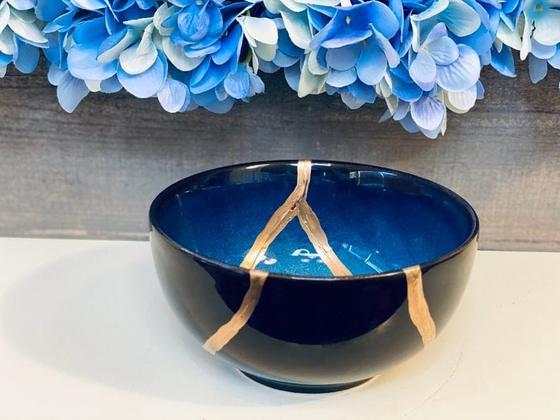 Kintsugi Bowl, Home Decor, Personalized Gifts, Home Gifts, Kintsugi Repaired Blue Stoneware Bowl Gold Inlaid