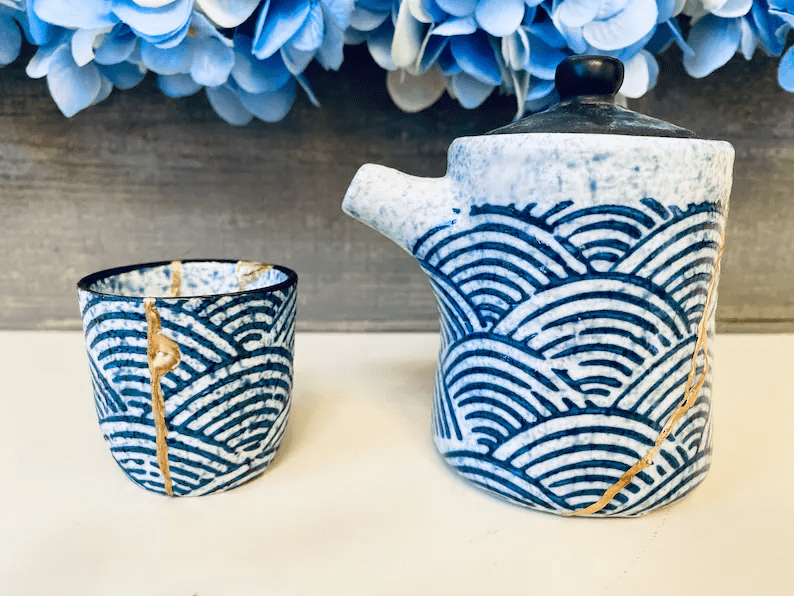 Kintsugi Bowl, Home Decor, Personalized Gifts, Gifts for Her, Gifts for Him, Wedding Gifts, Kintsugi Repaired Blue Wave Tea Set