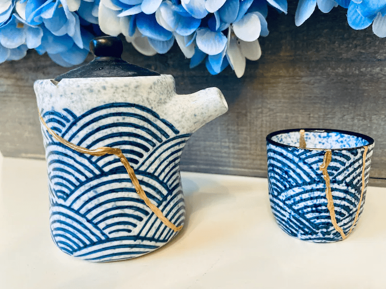 Kintsugi Bowl, Home Decor, Personalized Gifts, Gifts for Her, Gifts for Him, Wedding Gifts, Kintsugi Repaired Blue Wave Tea Set