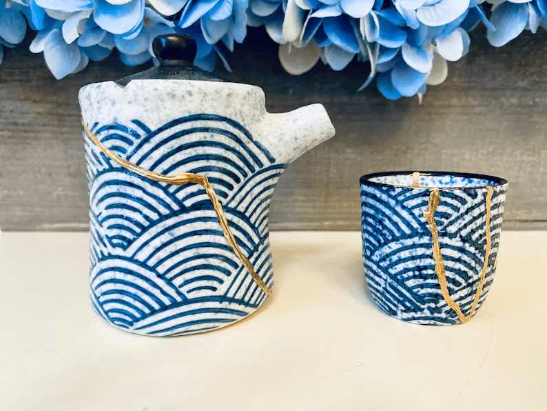 Kintsugi Bowl, Home Decor, Personalized Gifts, Gifts for Her, Gifts for Him, Wedding Gifts, Kintsugi Repaired Blue Wave Tea Set
