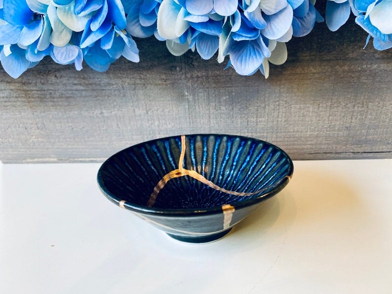 Kintsugi Dish, Kintsugi Gifts, Gifts for Her, Wedding Gifts, Home Gifts, Kintsugi Repaired Small Blue Lined Reactive Glaze Ring Dish