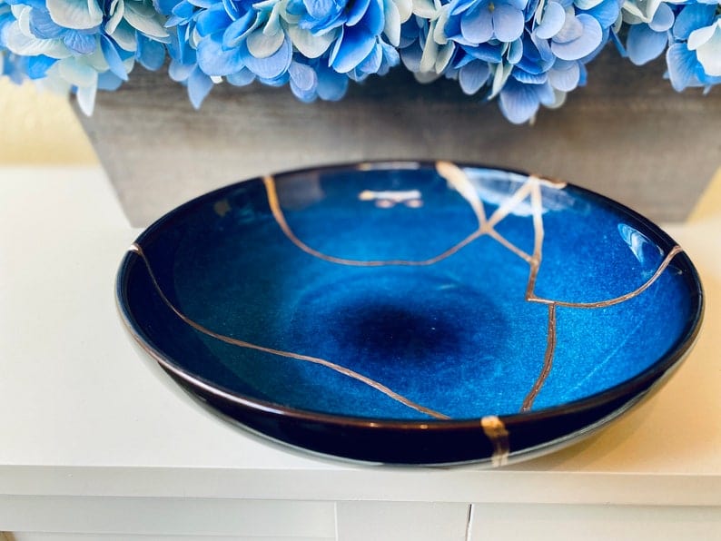 Kintsugi Bowl, Home Decor, Personalized Gifts, Gifts for Her, Wedding Gifts, Kintsugi Repaired Large Cat Eye Blue Glaze Bowl