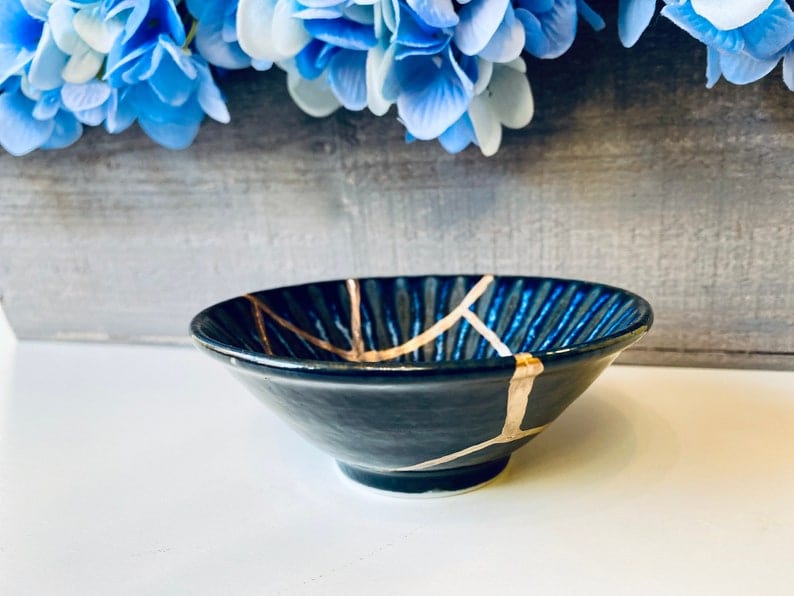 Kintsugi Dish, Kintsugi Gifts, Gifts for Her, Wedding Gifts, Home Gifts, Kintsugi Repaired Small Blue Lined Reactive Glaze Ring Dish