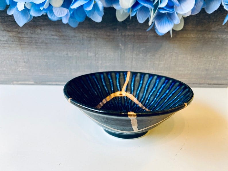 Kintsugi Dish, Kintsugi Gifts, Gifts for Her, Wedding Gifts, Home Gifts, Kintsugi Repaired Small Blue Lined Reactive Glaze Ring Dish