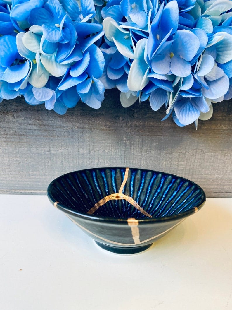 Kintsugi Dish, Kintsugi Gifts, Gifts for Her, Wedding Gifts, Home Gifts, Kintsugi Repaired Small Blue Lined Reactive Glaze Ring Dish