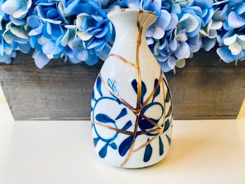 Kintsugi Repaired White Sake Bottle with Blue Petals