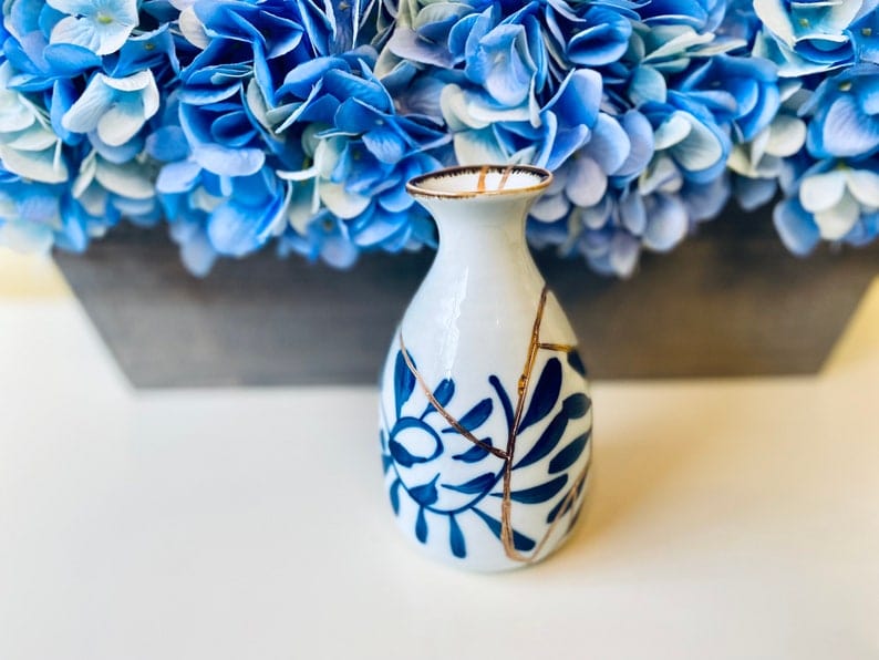 Kintsugi Repaired White Sake Bottle with Blue Petals