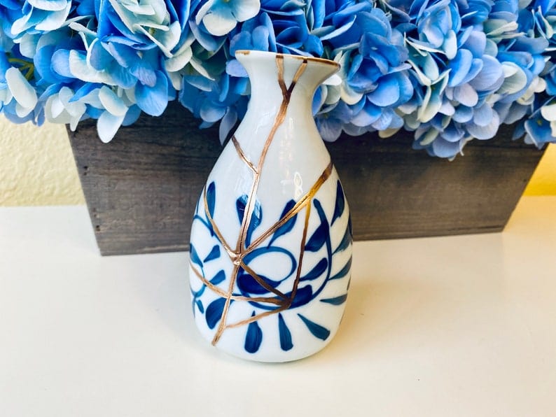 Kintsugi Repaired White Sake Bottle with Blue Petals