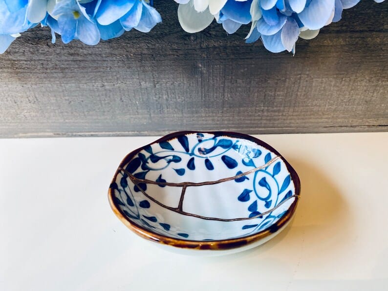Kintsugi Repaired White and Blue Petals Sauce Dish