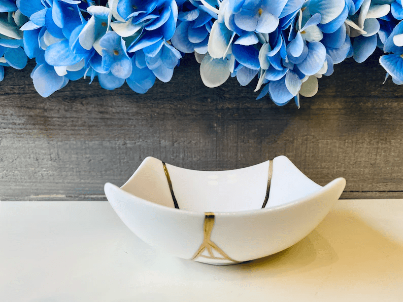 Kintsugi Repaired Curved White Porcelain Bowl