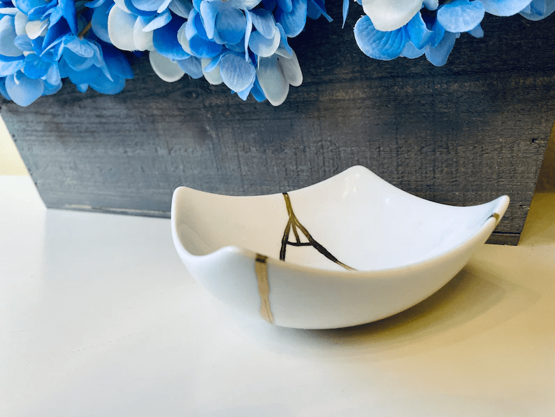 Kintsugi Repaired Curved White Porcelain Bowl