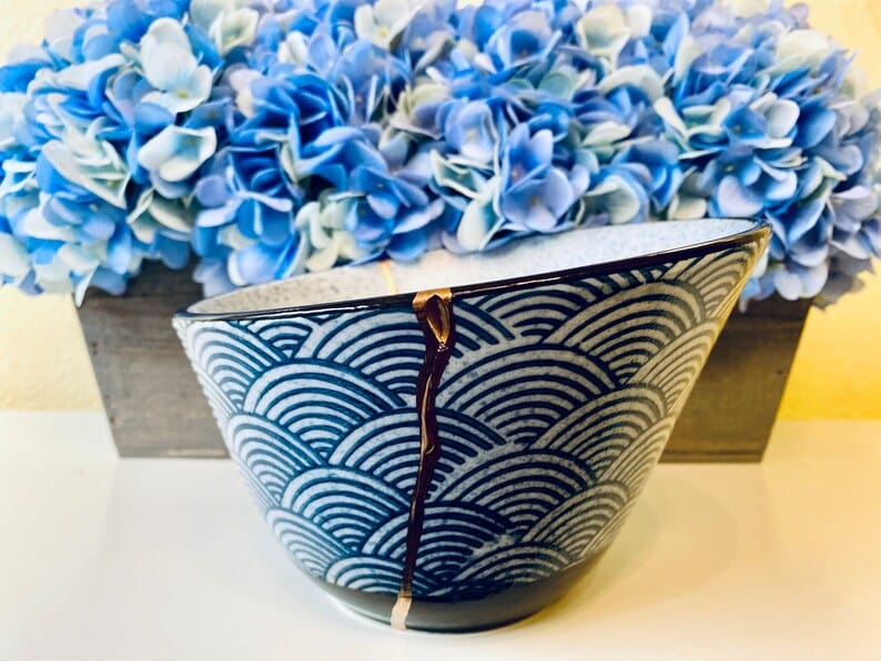 Kintsugi Repaired Large Blue Scale Fruit Bowl