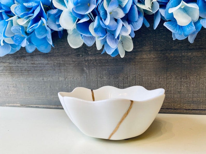 Kintsugi Repaired White Lotus Flower Dish Gold Inlay