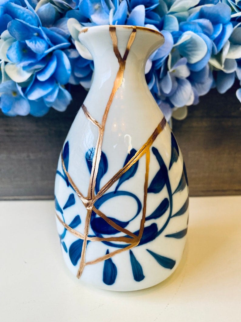 Kintsugi Repaired White Sake Bottle with Blue Petals