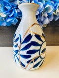 Kintsugi Repaired White Sake Bottle with Blue Petals