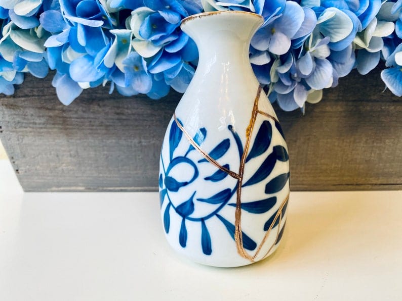 Kintsugi Repaired White Sake Bottle with Blue Petals