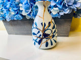 Kintsugi Repaired White Sake Bottle with Blue Petals