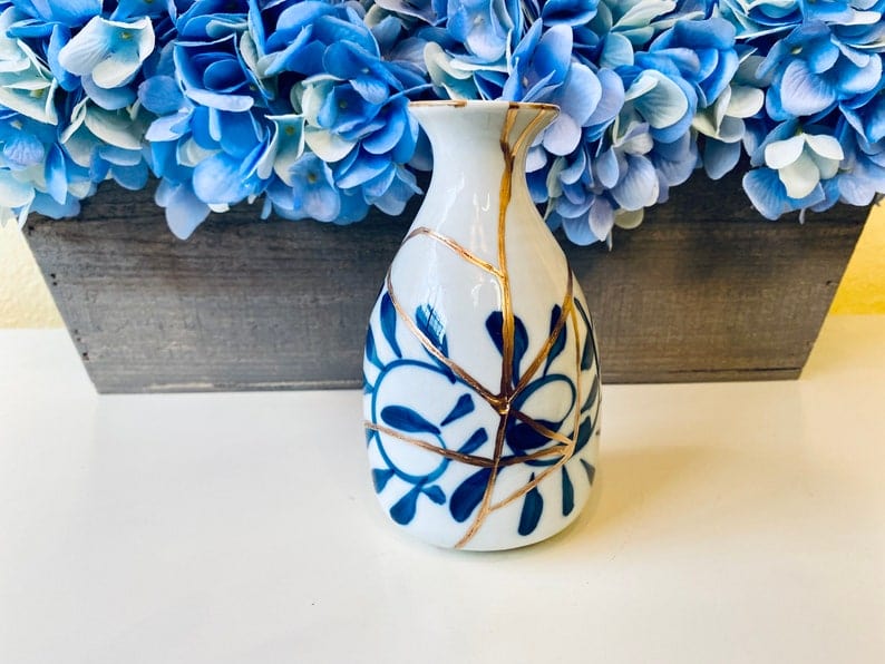 Kintsugi Repaired White Sake Bottle with Blue Petals