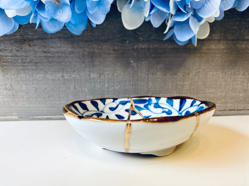 Kintsugi Repaired White and Blue Petals Sauce Dish