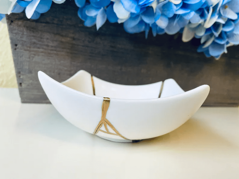 Kintsugi Repaired Curved White Porcelain Bowl