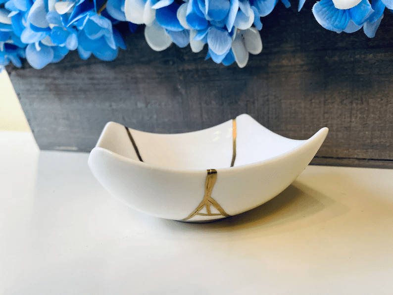 Kintsugi Repaired Curved White Porcelain Bowl