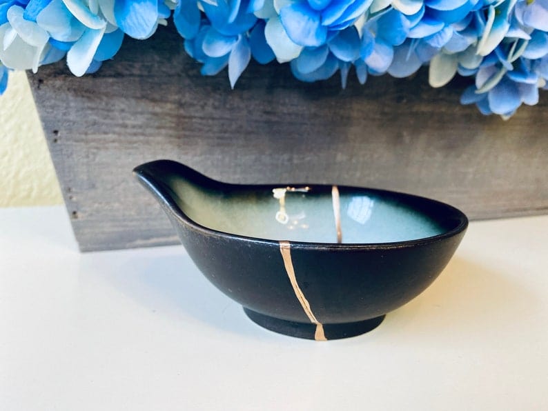 Kintsugi Repaired Aqua Glaze Sauce Dish