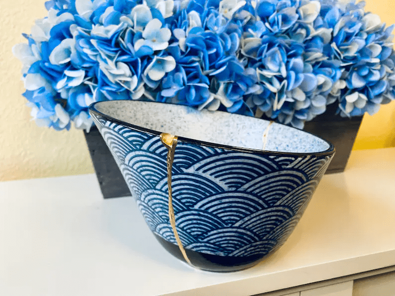 Kintsugi Repaired Large Blue Scale Fruit Bowl