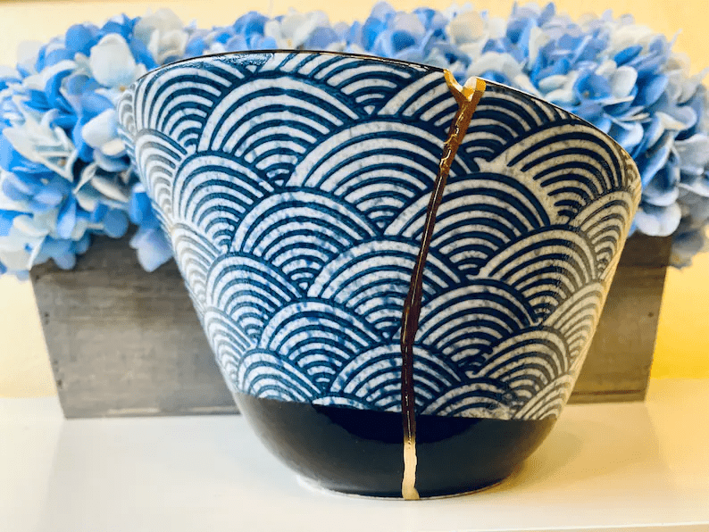 Kintsugi Repaired Large Blue Scale Fruit Bowl