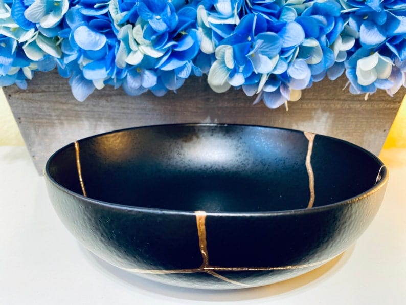 Kintsugi Bowl, Kintsugi Gifts, Home Decor, Home Gifts, Kintsugi Repaired Black and Gold Low Stoneware Bowl