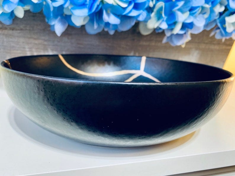 Kintsugi Bowl, Kintsugi Gifts, Home Decor, Home Gifts, Kintsugi Repaired Black and Gold Low Stoneware Bowl