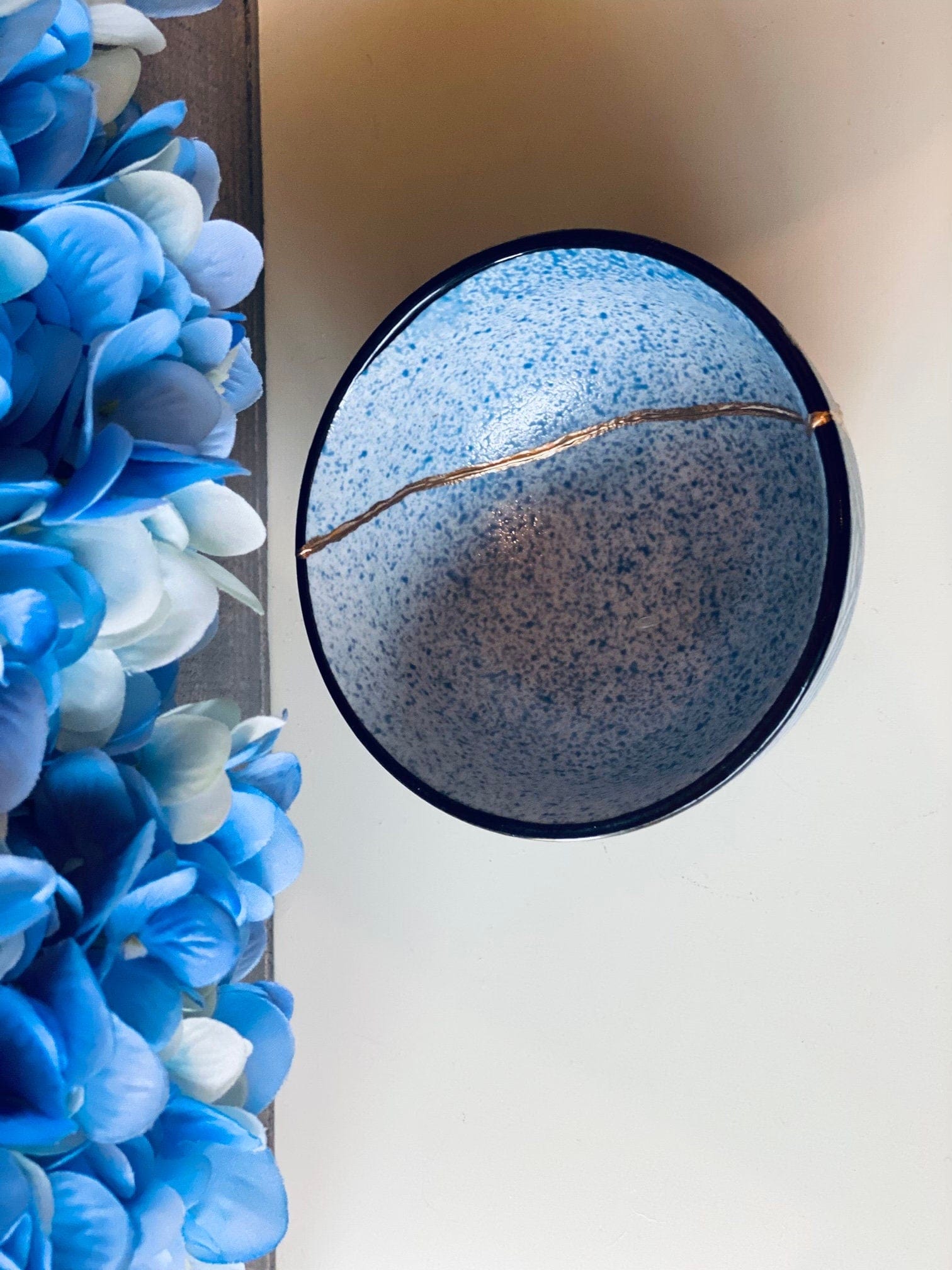 Kintsugi Repaired Blue Stoneware Scale Pattern Bowl