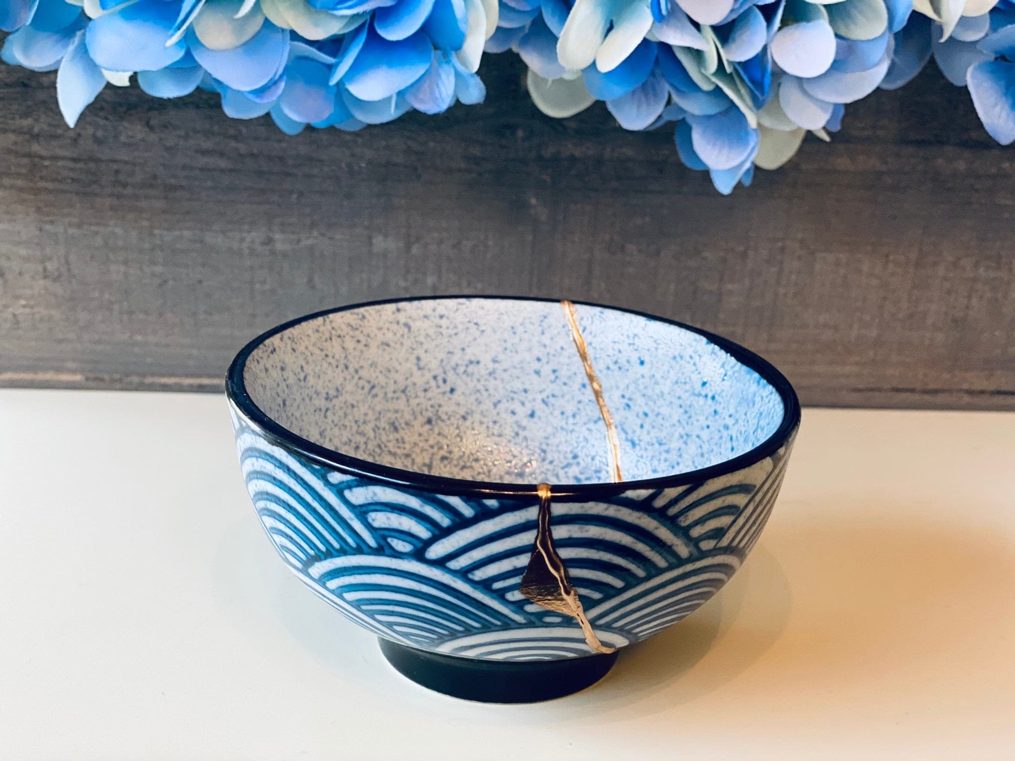 Kintsugi Repaired Blue Stoneware Scale Pattern Bowl