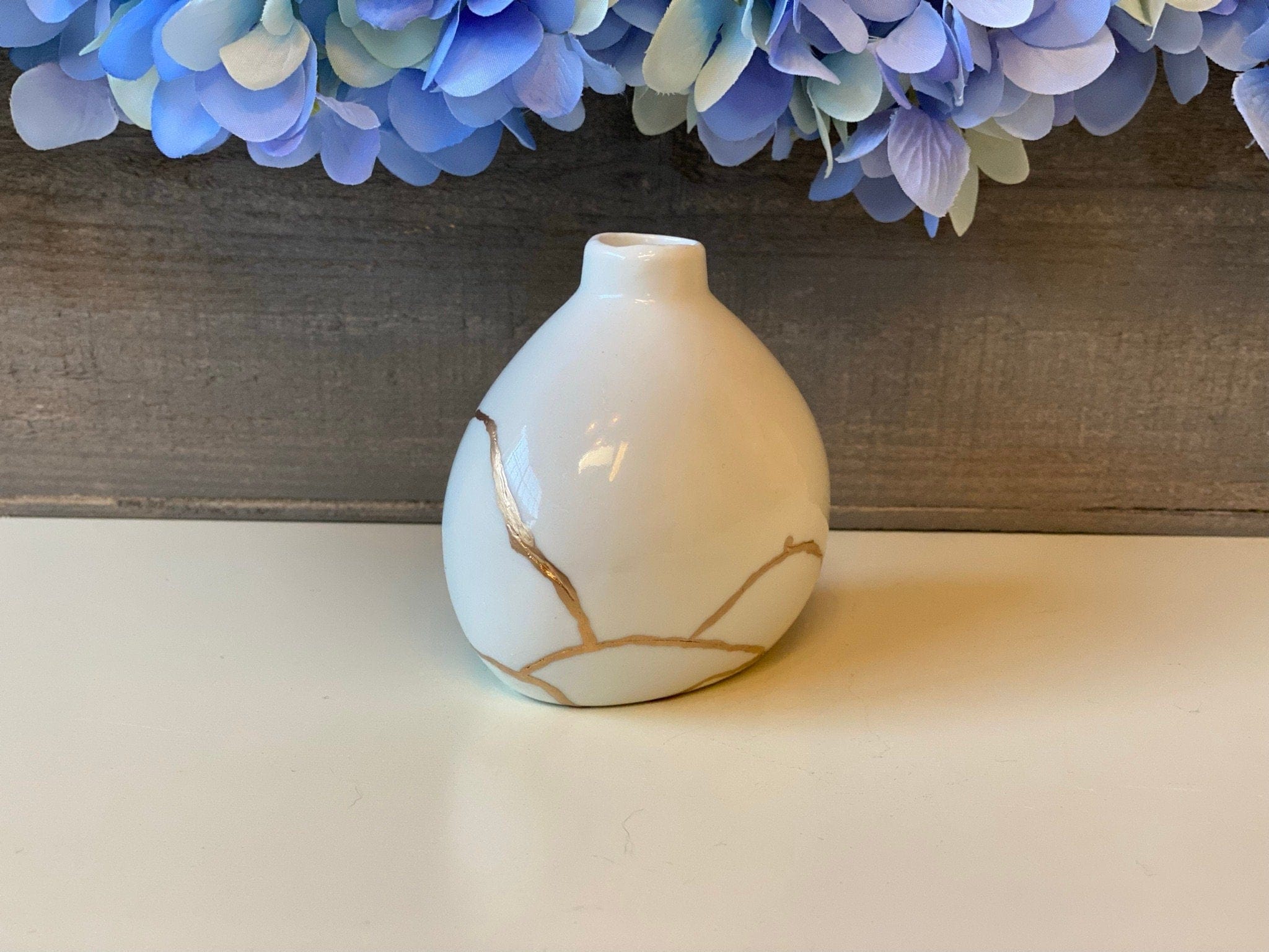 Kintsugi Repaired White Porcelain Bud Vase Gold Inlaid