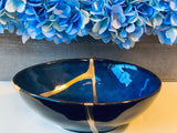 Kintsugi Repaired Reactive Glaze Cat-Eye Blue Egg Bowl Gold Inlaid