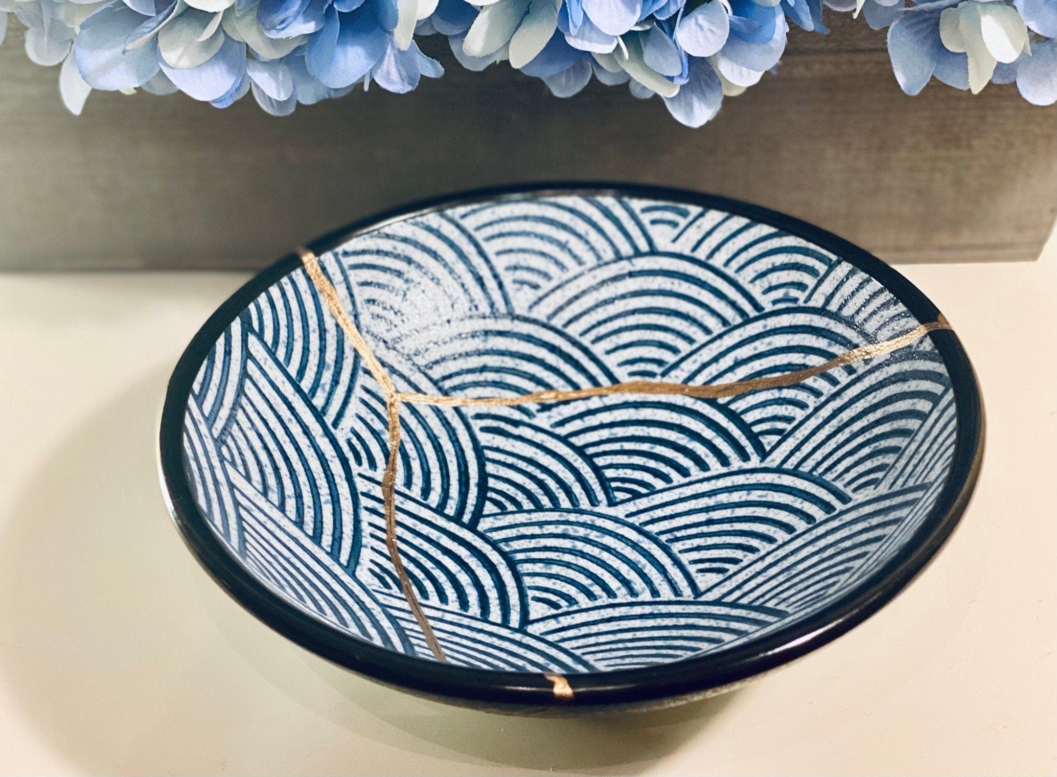 Kintsugi Repaired Blue Stoneware Scale Pattern Bowl