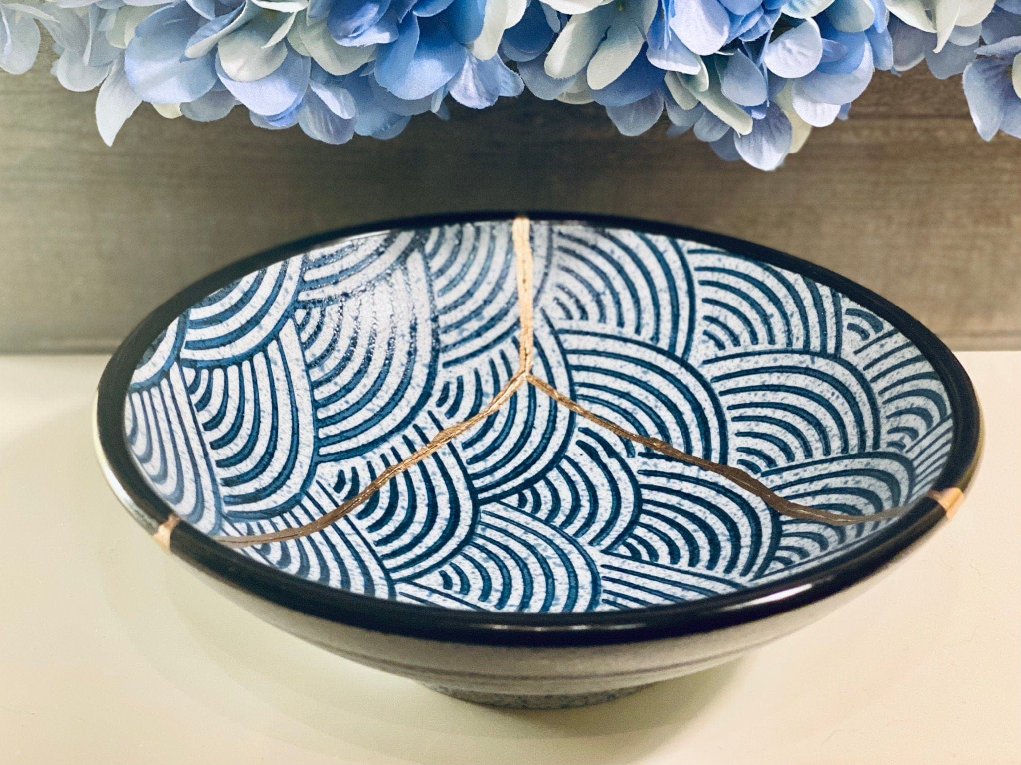 Kintsugi Repaired Blue Stoneware Scale Pattern Bowl