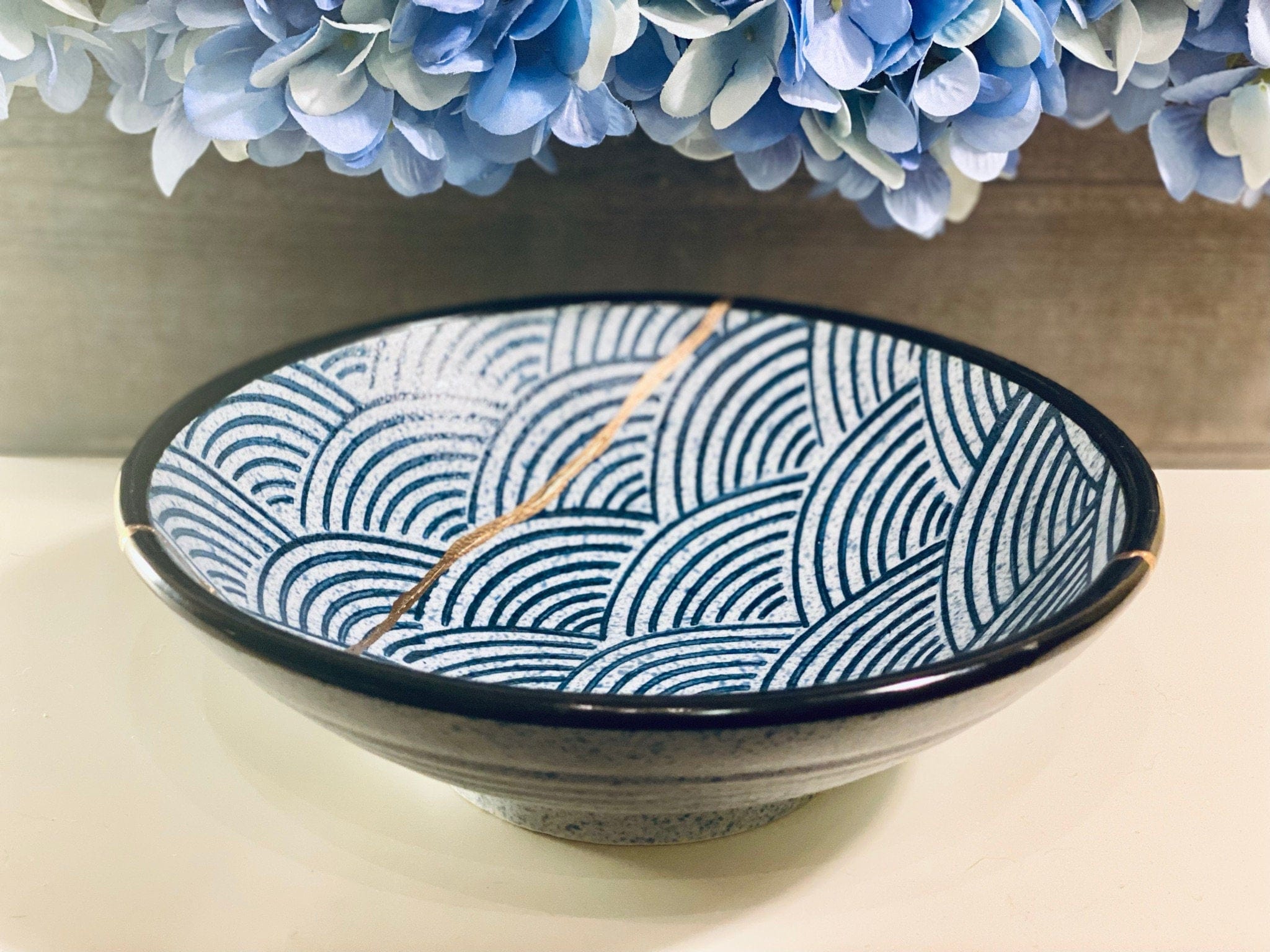 Kintsugi Repaired Blue Stoneware Scale Pattern Bowl