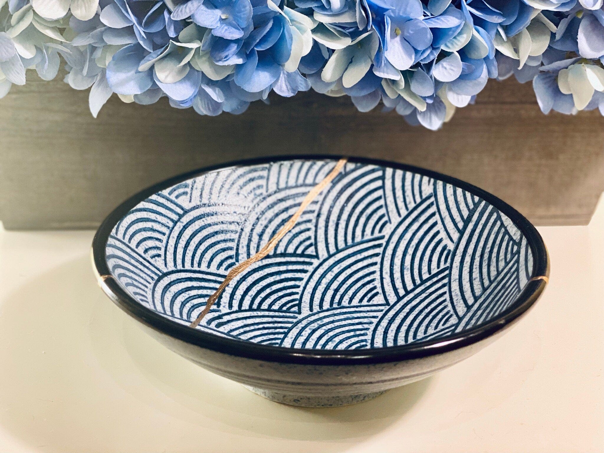 Kintsugi Repaired Blue Stoneware Scale Pattern Bowl